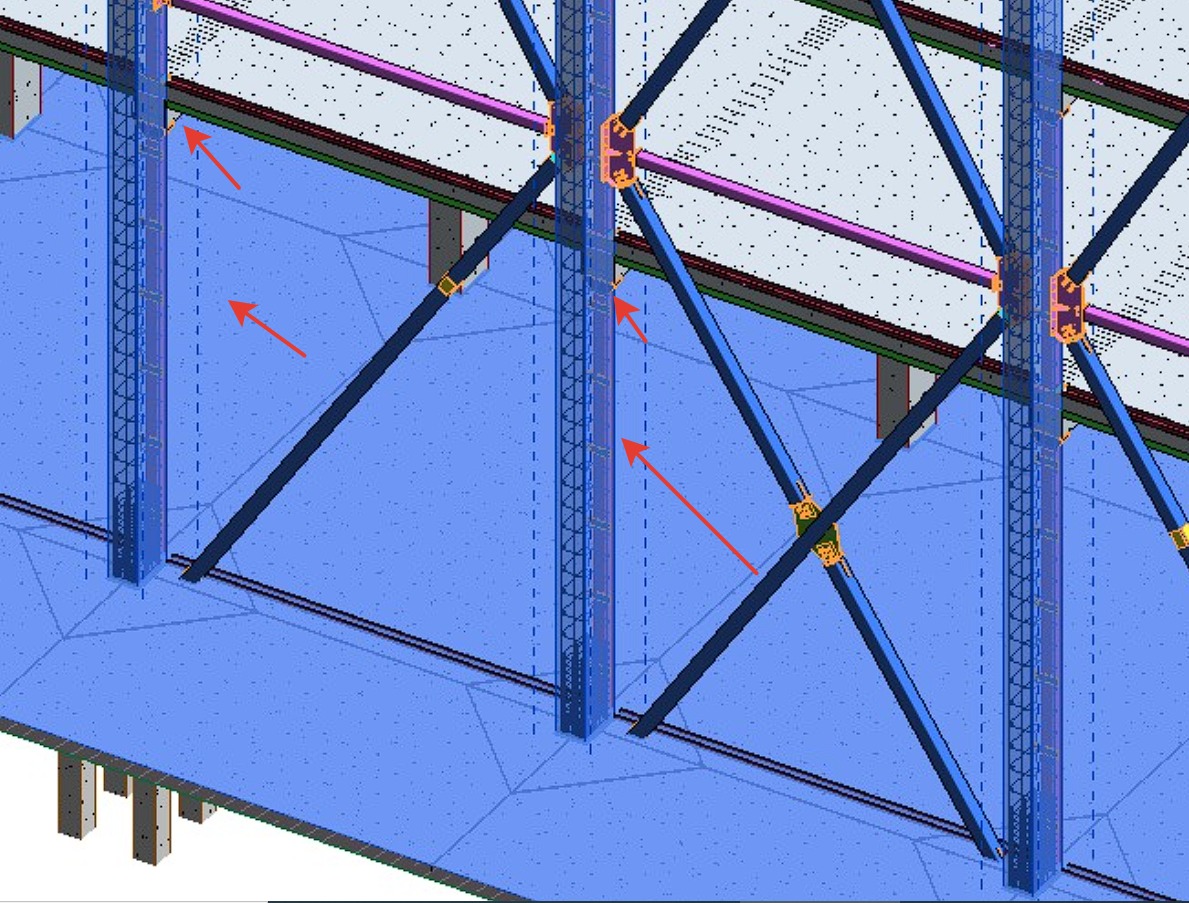 BIM-модель: проверка коллизий — несовпадение осей колонн подчёркнуто стрелками